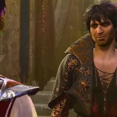 Astarion, jeden z baldur's gate 3 towarzysze, patrzy na kogoś zza kadru.