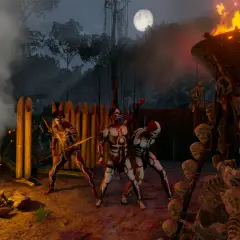 Trzech wojowników w malowidłach wojennych stoi przy ognisku i totemie z czaszek. Nocny, mroczny **green hell**.