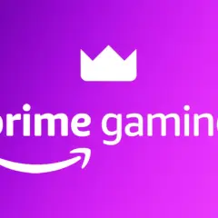 Logo Prime Gaming z koroną i strzałką Amazon na fioletowym tle.