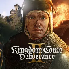 Zniszczona wioska płonie, rycerz na koniu w tle, a na pierwszym planie twarz w hełmie. Zapowiedź Kingdom Come Deliverance II.