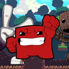 Rayman, Super Meat Boy i Sackboy, bohaterowie kultowych gry platformowe pc, pozdrawiają na tle pixelartowej przygody.