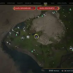 Mapa Hogwarts Legacy pokazuje rozległy teren z rzekami, górami i ikonami wskazującymi miejsca do odkrycia. Widoczne są platformy do lądowania.