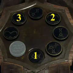 Zagadka z Resident Evil 4: symbole i cyfry 1, 2, 3 na okrągłych przyciskach.