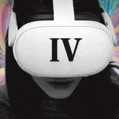 Osoba w goglach VR z rzymską cyfrą IV na froncie, otoczona psychodeliczną eksplozją kolorów. Czy to zapowiedź Meta Quest 4?