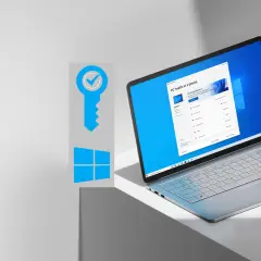 Grafika z kluczem i logo Windows, obok laptopa z ekranem pokazującym "PC health at a glance". Dowiedz się, jak sprawdzić klucz Windows 10.