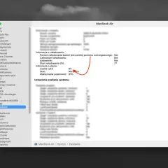 Jak sprawdzić stan baterii w laptopie? Na ekranie MacBook Air w sekcji "Zasilanie" widać informacje o baterii: 91% maksymalnej pojemności, 94 cykle, stan normalny.