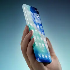 Dłoń trzyma futurystyczny iPhone 19 Pro Max z ekranem wypełnionym ikonami aplikacji.