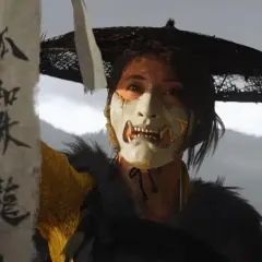 Postać w masce z Ghost of Tsushima, trzymająca zwój z japońskimi znakami. Osiągnięcie platyny w tej grze to wyzwanie!