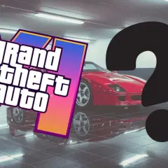 Logo Grand Theft Auto i czerwony samochód sportowy w garażu. Czy to zapowiedź GTA 6 od Rockstar Games?