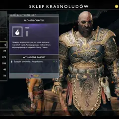 Kratos w grze God of War 2018 w sklepie Krasnoludów, przymierza się do zakupu Płomienia Chaosu.