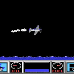 Samolot z "wings of fury" zostawia smugę dymu na nocnym niebie nad wzburzonym morzem. Wskaźniki pokazują paliwo i amunicję.