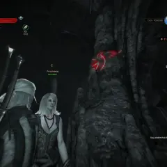 Geralt i Keira Metz w jaskini, szukają symbolu jaskółki. Misja "Po omacku" w Wiedźminie 3.