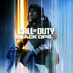 Kobieta w futurystycznym stroju, gotowa do akcji, z bronią w ręku. Tytuł gry Call of Duty Black Ops 7 na tle neonowych świateł.