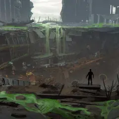 Postapokaliptyczny krajobraz z zieloną, radioaktywną mazią. Widok na zniszczone budynki i zapadlisko, jak w **Fallout 2 remake**.