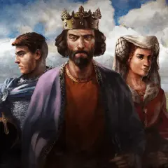 Król, rycerz i dama na tle zamku. Idealni do strategii, gdy szukasz **age of empires 2 kody**.