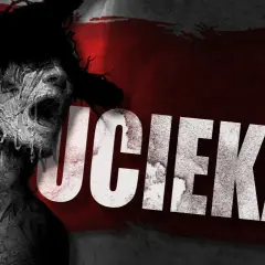 Przerażająca postać z opuchniętą twarzą i otwartymi ustami, jakby krzyczała. Napis "UCIEKAJ" sugeruje, że to dzieło od acid wizard studio.