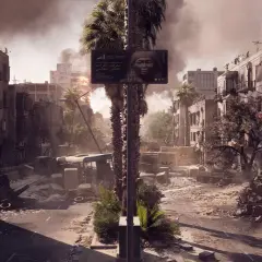 Zniszczone miasto, palmy i billboard z twarzą kobiety. To scena z gry Battlefield 6, dostępnej w ramach Game Pass.