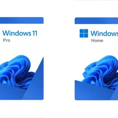 Dwa pakiety oprogramowania: Windows 11 Home vs Pro, z niebieskimi, falistymi wzorami.