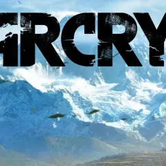 Napis "FAR CRY 7" na tle ośnieżonych gór. Widoczny fragment ozdobnego ostrza.