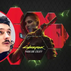 Dawid Podsiadło w stylu cyberpunk, obok postaci z gry Cyberpunk 2077: Phantom Liberty.