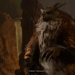 Potężny sowodźwiedź z Baldur's Gate 3, z piórami i pazurami, wydaje przerażający okrzyk w jaskini.