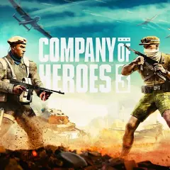 Dwóch żołnierzy z bronią w ręku, czołgi i samoloty w tle. To okładka gry Company of Heroes 3, zapowiadająca epickie bitwy.