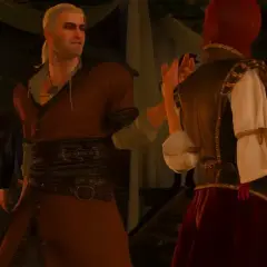 Geralt z Rivii, w stroju z Wiedźmin 3, tańczy z rudowłosą kobietą. Hulaj dusza!