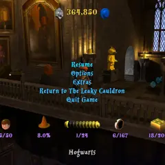 Menu gry Lego Harry Potter 1-4. Widok z Hogwartu, z opcjami "Wznów", "Opcje", "Dodatki", "Powrót do Dziurawego Kotła", "Wyjdź z gry".