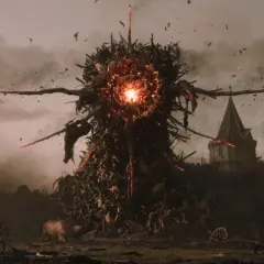 Potworna istota z ludzkich ciał i gałęzi, z płonącym rdzeniem, w tle zamków. Dzieło Larian Studios.