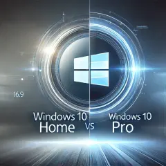 Porównanie Windows 10 Home vs Pro. Centralnie umieszczone logo Windows, podzielone na dwie części, symbolizuje wybór między wersjami systemu.