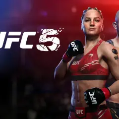 Logo EA Sports UFC 5 z zawodniczką i zawodnikiem MMA. Gra UFC PC zapowiada emocjonujące starcia.