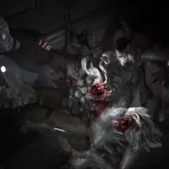 Postapokaliptyczna walka z potworami. Postać w masce gazowej mierzy się z przerażającym królem szczurów z The Last of Us.