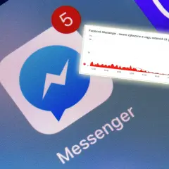 Ikona Messengera z powiadomieniem "5" i wykresem pokazującym wzrost awarii, wyjaśniającym, dlaczego Messenger nie działa.