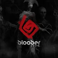 Mroczne postacie z gry Bloober Team, w tym przerażająca istota z rogami i mechaniczne monstrum, otaczają czerwony symbol.