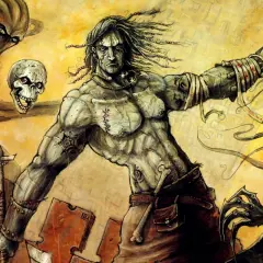 Nieśmiertelny walczy z potworami, trzymając czaszkę i miecz. Klimat jak z Planescape: Torment.