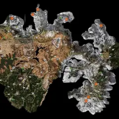 Mapa świata z gry Horizon Zero Dawn. Wskazówki i lokacje zaznaczone numerami, pomocne w grze.