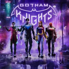 Czterech bohaterów Gotham Knights, Nightwing, Robin, Batgirl i Red Hood, idzie nocą przez neonowe ulice Gotham.
