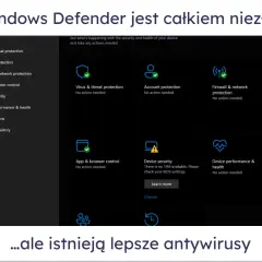 Interfejs Windows Defender z sekcjami ochrony przed wirusami, kontem, zaporą sieciową i innymi. Wszystko działa poprawnie.