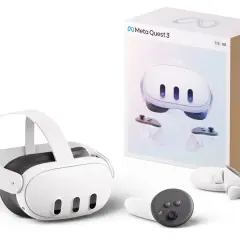 Zestaw VR Meta Quest 3: gogle, dwa kontrolery i pudełko z grafiką przedstawiającą urządzenie. Gotowy na wirtualne przygody!