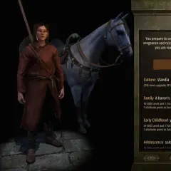Postać z gry Mount & Blade: Bannerlord, Melind, z koniem. Widać statystyki postaci i opcje rozwoju, jakby szukać mount and blade kody.