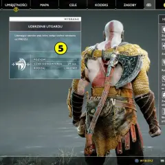 God of War poradnik: Kratos w menu umiejętności, wybiera atak "Uderzenie Utgardu". Widoczne statystyki postaci i drzewko rozwoju.