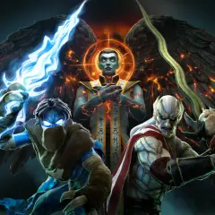 Trzech wojowników z gry Legacy of Kain: Raziel, Kain i Vorlag, z płonącymi skrzydłami w tle.
