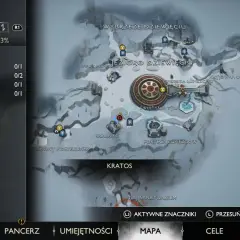 Mapa God of War Ragnarok w Midgardzie. W menu "Skarbiec" widać postęp w zbieraniu przedmiotów, w tym 0/1 Skrzynie Norn.