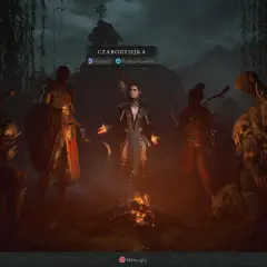 Czarnoksiężniczka w Diablo 4 najlepsza klasa, otoczona innymi postaciami przy ognisku.