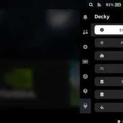 Menu Decky z opcjami: EmuDeck Hotkeys, ProtonDB Badges, System Toolbox, Controller Tools, Emuchievements, MetaDeck, CSS Loader.