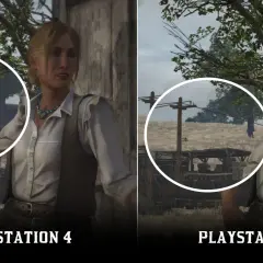 Porównanie grafiki Red Dead Redemption 2 na PS4 i PS5. Kobieta w białej koszuli i kamizelce na tle wiejskiego krajobrazu.