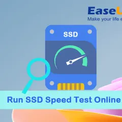 Grafika przedstawia ikonę dysku SSD z prędkościomierzem, lupę i napis "Run SSD Speed Test Online".
