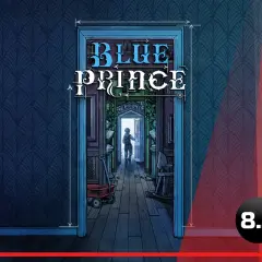Okładka gry "Blue Prince" na Nintendo Switch. Wąski korytarz z otwartymi drzwiami na końcu, przez które widać postać.