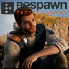 Cal Kestis, bohater gry Star Wars Jedi 3, siedzi na tle skalistego krajobrazu. Logo Respawn Entertainment.