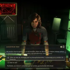 Augustine de Vries w The Outer Worlds 2 analizuje dane. W tle monitory z wykresami i zielone panele.